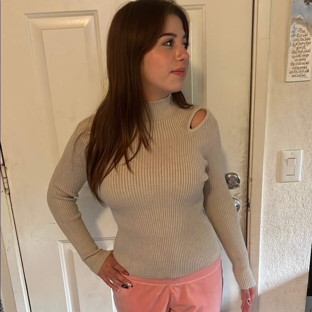 Beige Ribbed Cutout Sweater